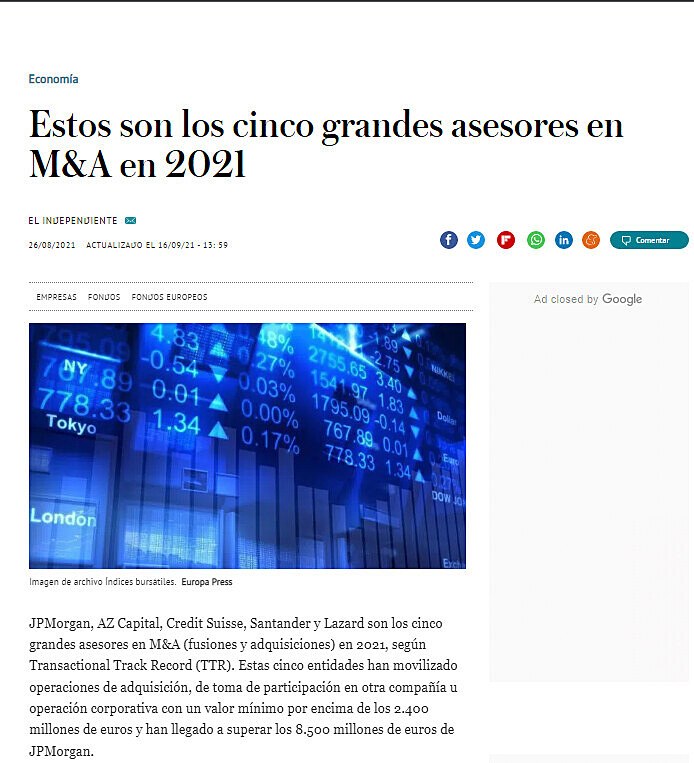 Estos son los cinco grandes asesores en M&A en 2021